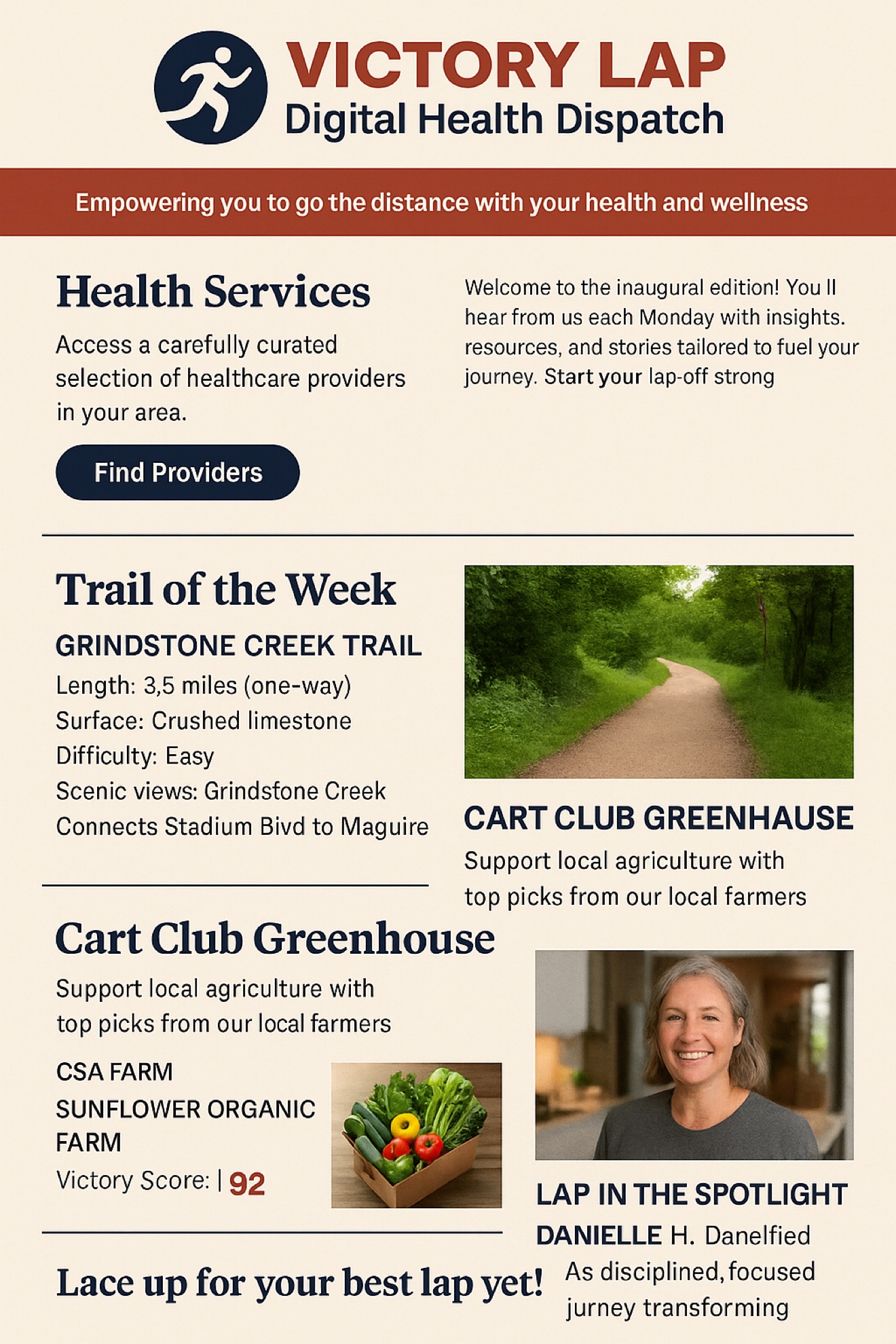 VictoryLap Digital Health Dispatch — health services, trails, and community